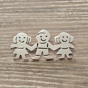 Vintage Mexican Sterling Silver Brooch of Children Holding Hands - 2 girls & boy
